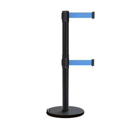 MONTOUR LINE Retractable Belt Dbl Roller Stanchion, 2.5ft Black Post  9ft. Lt Blus ME630D-BK-LBL-90